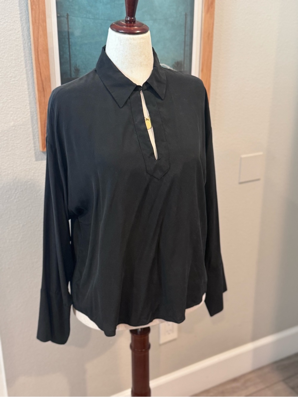 Rebecca Taylor Size large Black Long-Sleeve Split-Neck 100 percent silk blouse